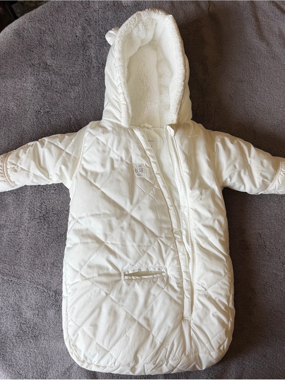 White Baby Snowsuit/Sack with Hood. Car seat compatible.